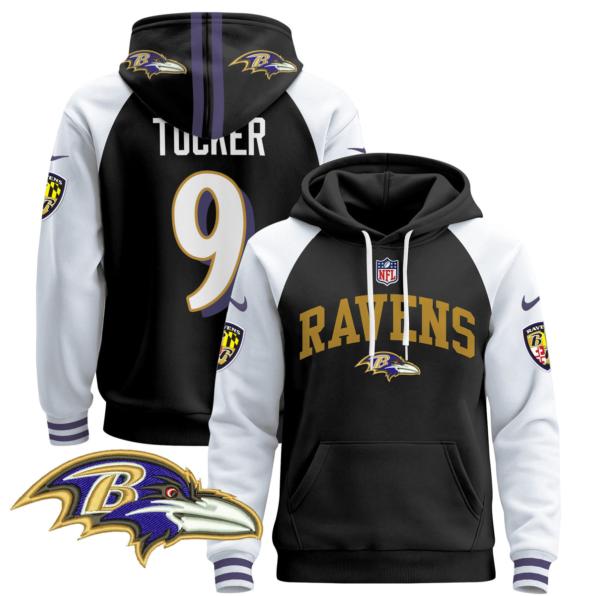 Men's Baltimore Ravens 2024 Pullover Hoodie V2 - All Stitched - Black Alternate - Justin Tucker — view 1