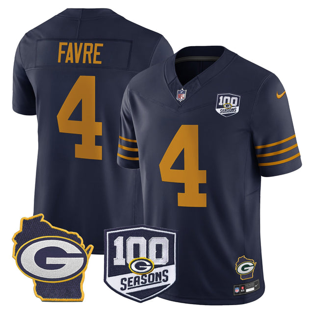 Men's Green Bay Packers 100th Season & Home Patch Vapor Limited Jersey - All Stitched - Navy - Brett Favre — view 1