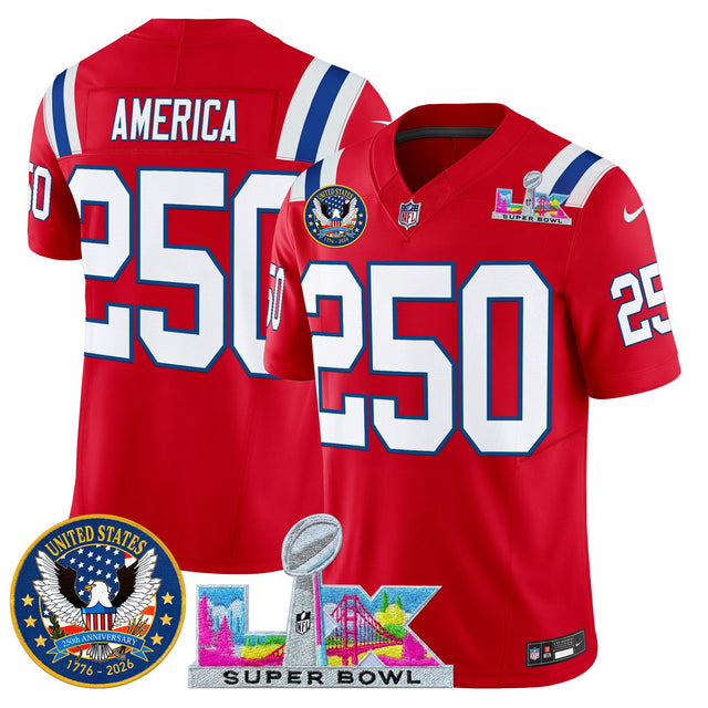 Men's New England Patriots Super Bowl LX & United States 250th Patch Vapor Limited Jersey - All Stitched - Red - #250 America — view 1