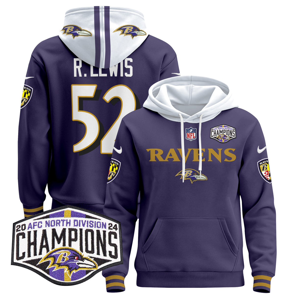 Men's Baltimore Ravens 2024 AFC North Division Champions Patch Pullover Hoodie - All Stitched - Purple - Ray Lewis — view 1