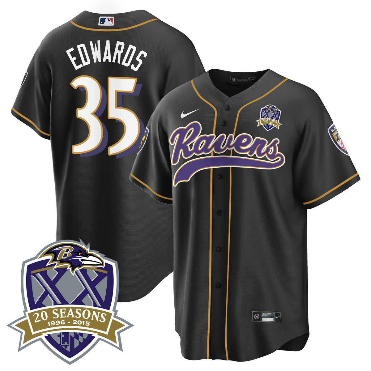 Men's Ravens 20th Season Patch Baseball Jersey - All Stitched - Black - Gus Edwards — view 1