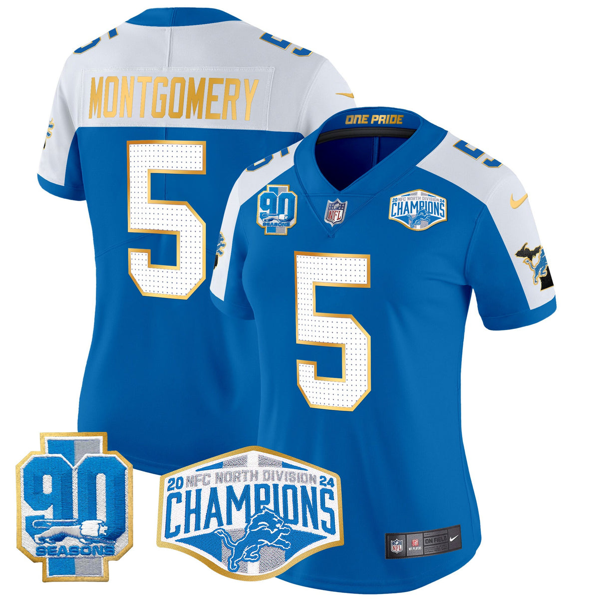 Women's Detroit Lions 2024 NFC North Division Champions Patch Gold Trim Vapor Limited Jersey - All Stitched - Blue Alternate - David Montgomery — view 1