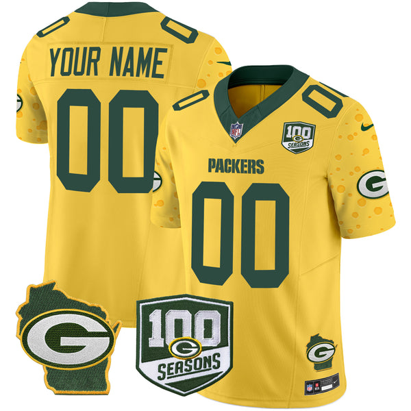 Packers 100th Season & Home Patch Cheese Vapor Limited Custom Jersey – All Stitched - Gold — view 1