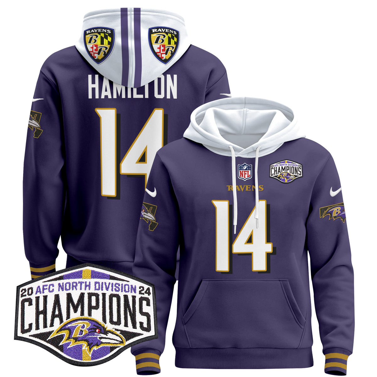 Men's Baltimore Ravens 2024 AFC North Division Champions Patch Pullover Hoodie V2 - All Stitched - Purple - Kyle Hamilton — view 1