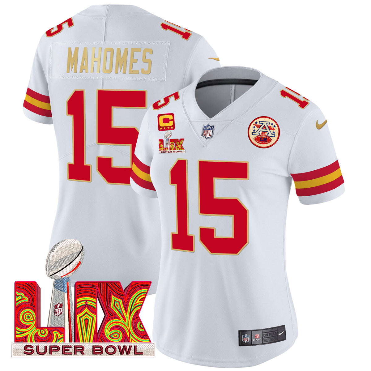 Women's Chiefs Super Bowl LIX Patch Gold Trim Vapor Limited Jersey - All Stitched - White - Patrick Mahomes — view 1