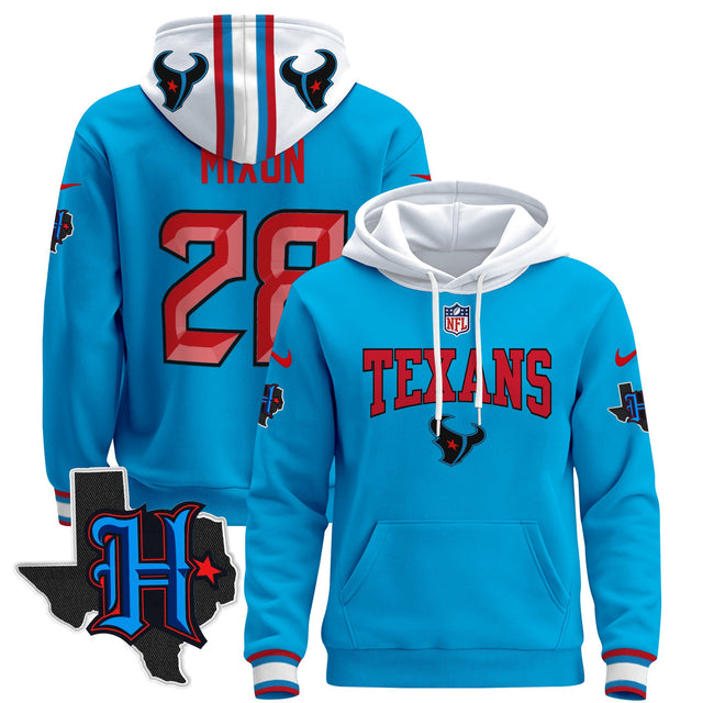 Men's Houston Texans 2024 Pullover Hoodie V3 - All Stitched - Blue - Joe Mixon — view 1