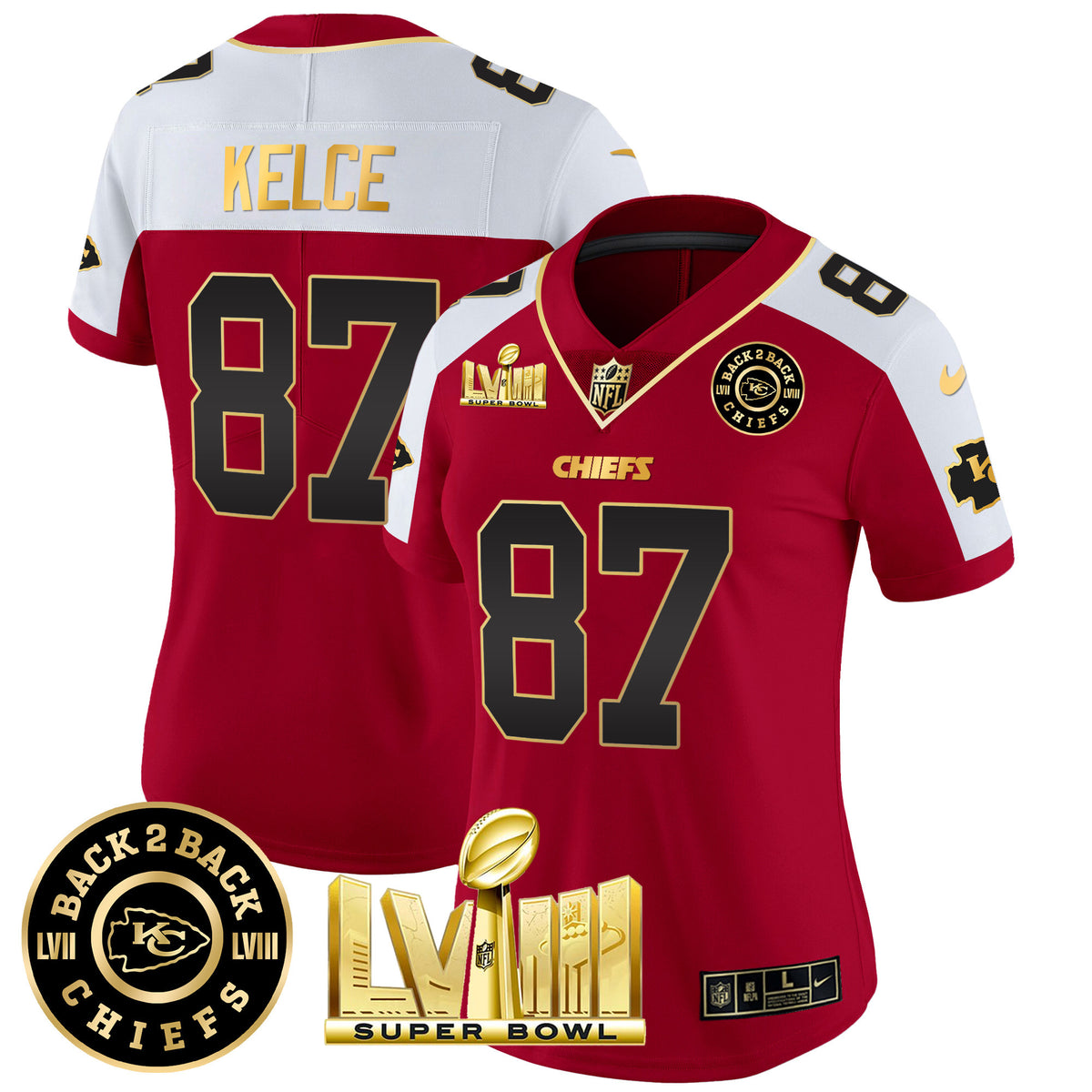 Women's Chiefs Super Bowl LVIII & Back 2 Back Patch Vapor Jersey V3 - All Stitched - Red Alternate - Travis Kelce — view 1