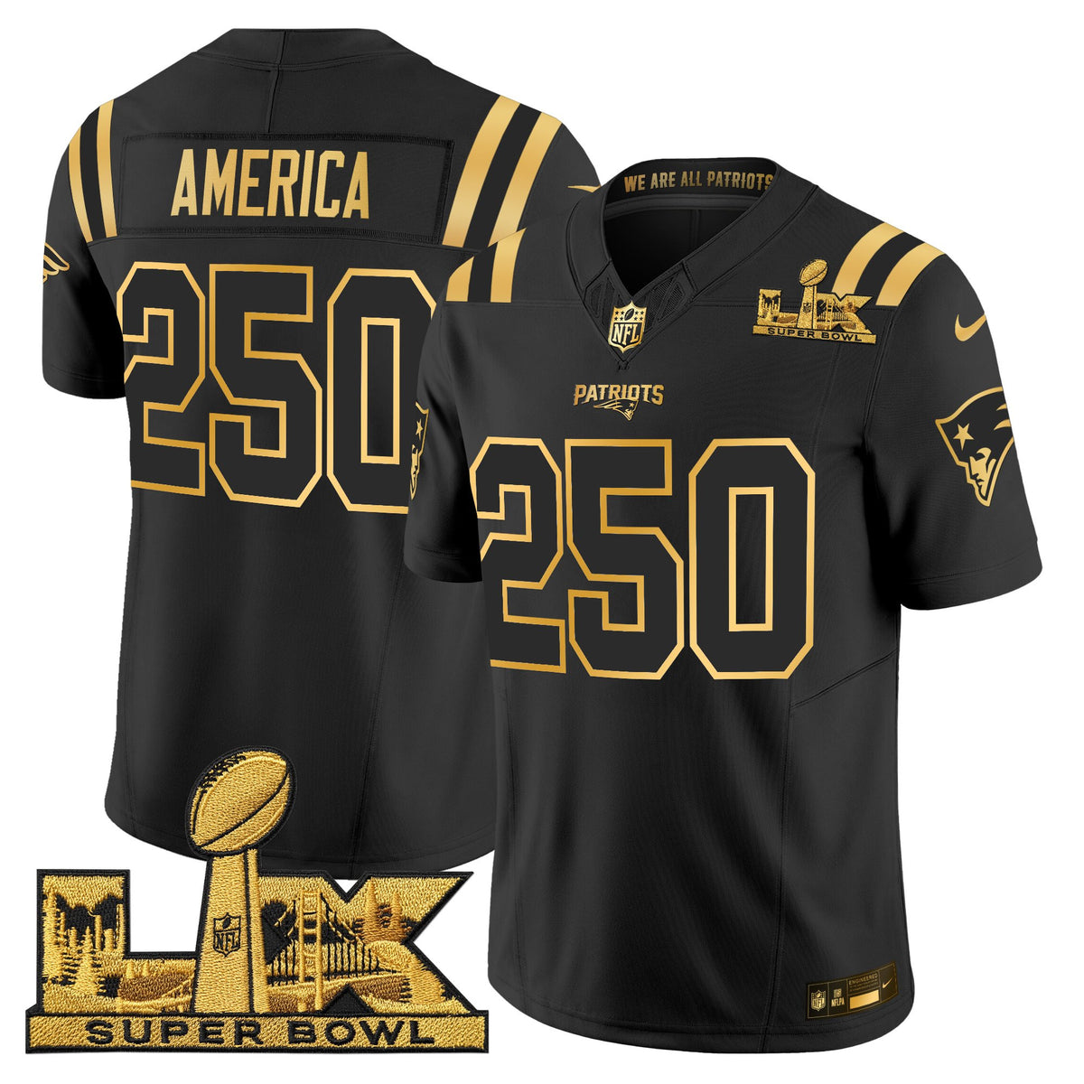 Men's New England Patriots Super Bowl LX Gold Vapor Limited Jersey - All Stitched - Black Gold - #250 America — view 1