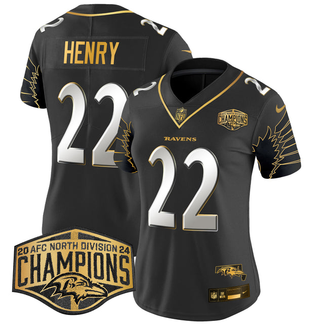 Women's Ravens Maryland 2024 AFC North Division Champions Patch Gold Vapor Limited Jersey - All Stitched - Black Limited - Derrick Henry — view 1