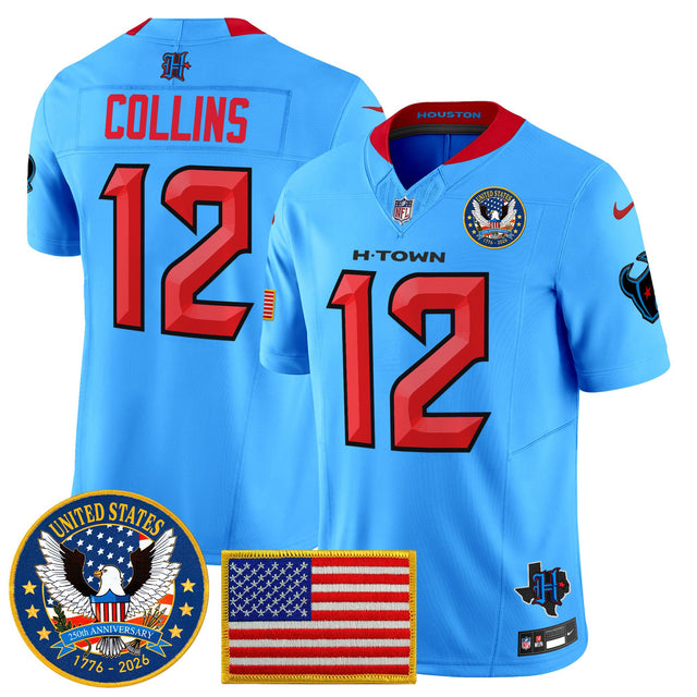 Men's Houston Texans United States 250th Anniversary Patch Vapor Limited Jersey - All Stitched - Blue - Nico Collins — view 1