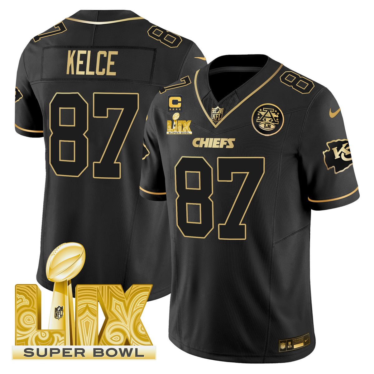 Men's Chiefs Super Bowl LIX Patch Gold Vapor Limited Jersey - All Stitched - Black Gold - Travis Kelce — view 1