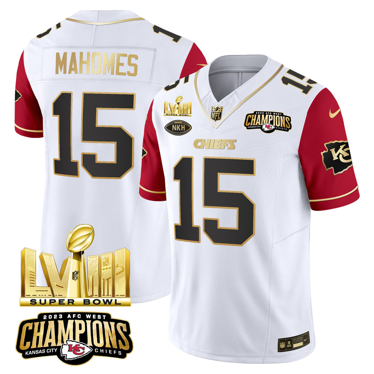 Men's Chiefs AFC West Champions & Super Bowl LVIII Gold Patch Vapor Jersey V2 - All Stitched - Color Sleeves - Patrick Mahomes — view 1
