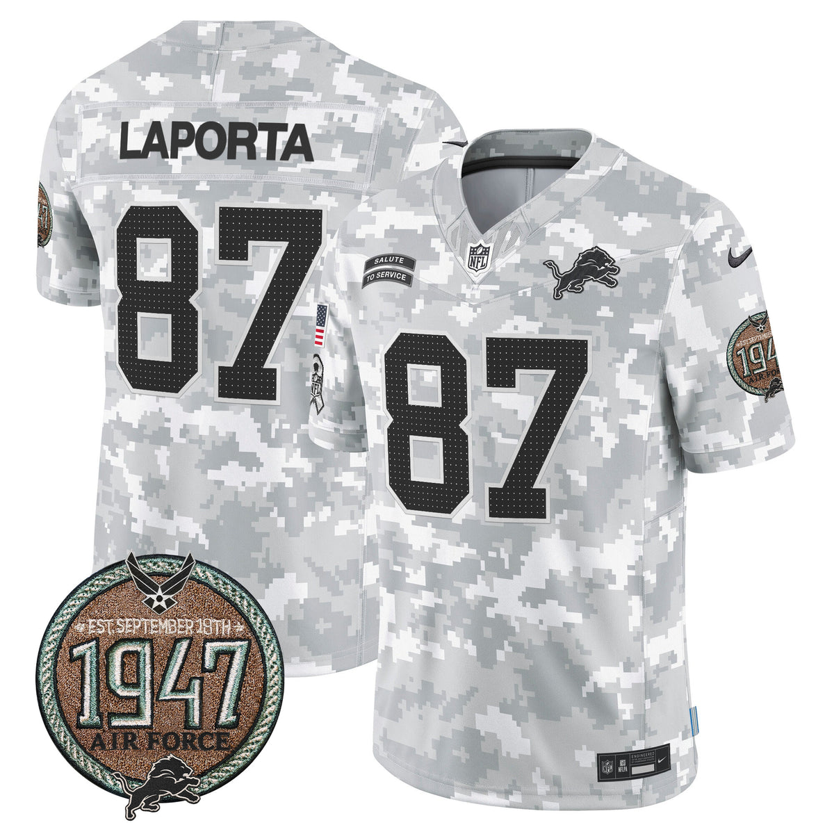 Men's Detroit Lions 2024 Salute to Service Establishment Year Patch Vapor Limited Jersey - All Stitched - Air Force - Sam Laporta — view 1
