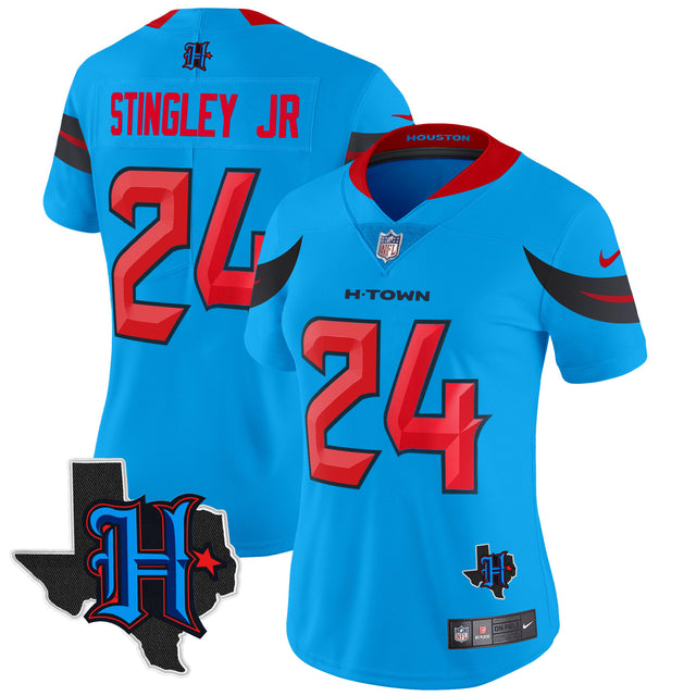 Women's Houston Texans 2024 Texas Patch Vapor Limited Jersey V3 - All Stitched - Blue - Derek Stingley Jr — view 1