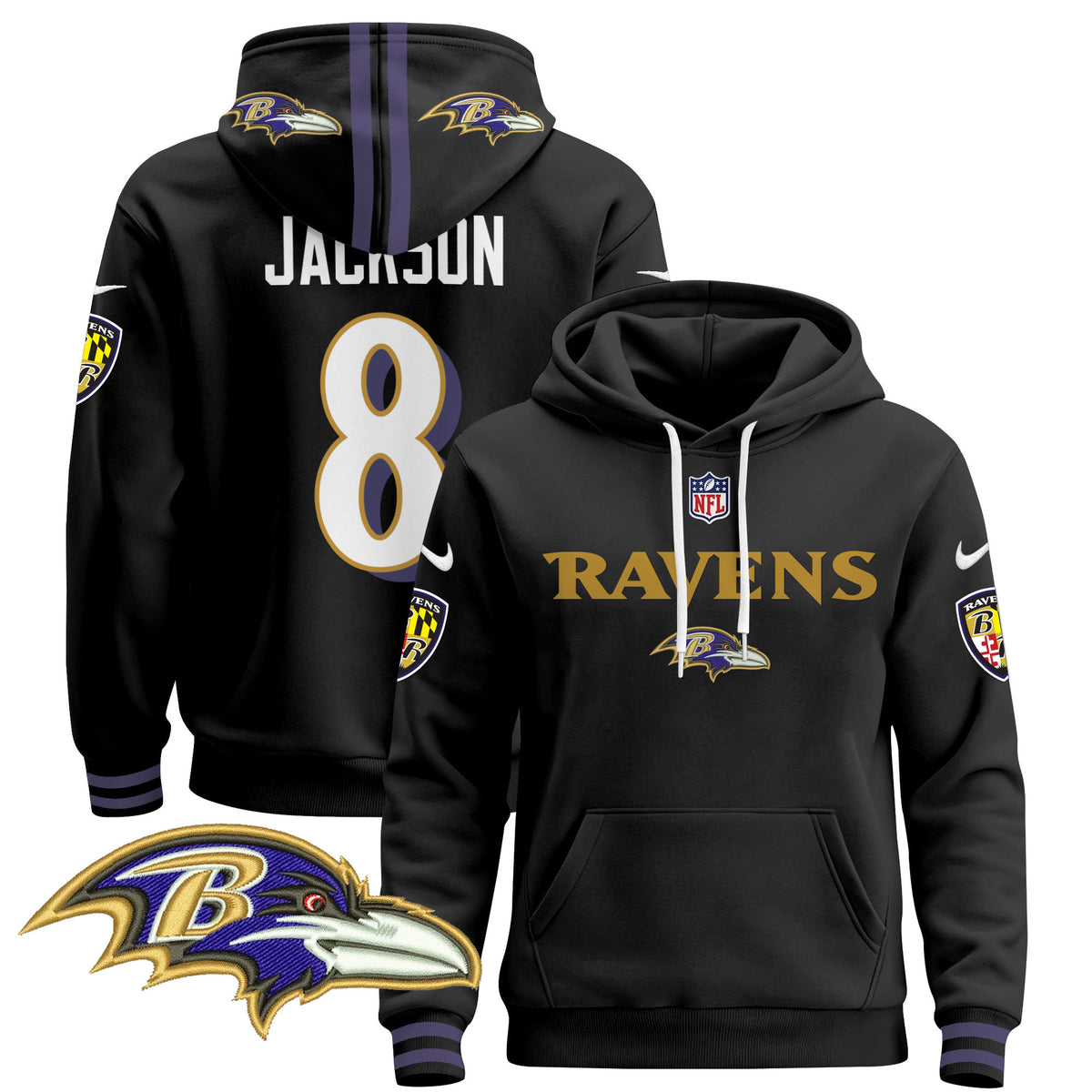 Men's Baltimore Ravens 2024 Pullover Hoodie V3 - All Stitched - Black - Lamar Jackson — view 1