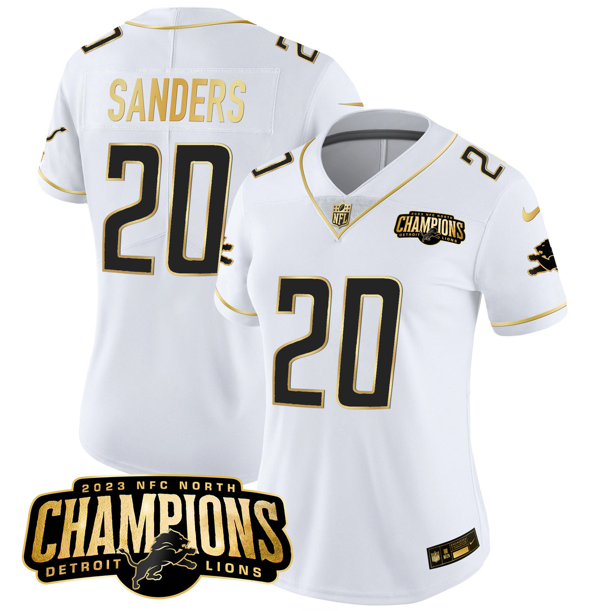 Women's Detroit Lions 2023 NFC North Champions Patch Gold Vapor Jersey - All Stitched - White Gold - Barry Sanders — view 1