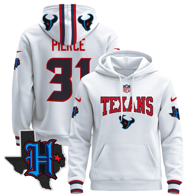 Men's Houston Texans 2024 Pullover Hoodie V3 - All Stitched - White - Dameon Pierce — view 1