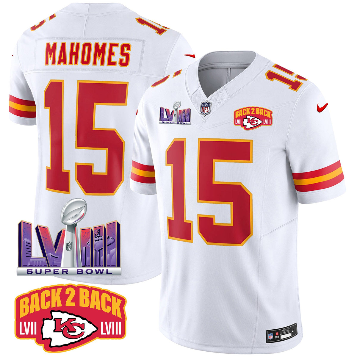 Men's Chiefs Super Bowl LVIII & Back 2 Back Patch Vapor Jersey - All Stitched - White - Patrick Mahomes — view 1