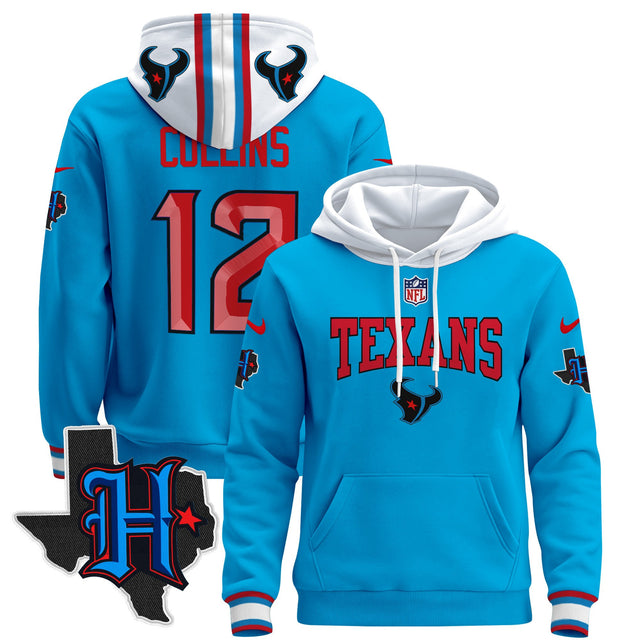 Men's Houston Texans 2024 Pullover Hoodie V3 - All Stitched - Blue - Nico Collins — view 1