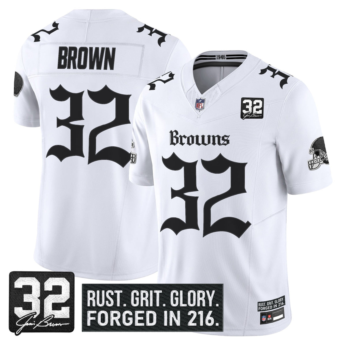Men's Cleveland Browns 'Gothic Dawg Shadows Drop' Vapor Limited Jersey - All Stitched - White - Jim Brown — view 1
