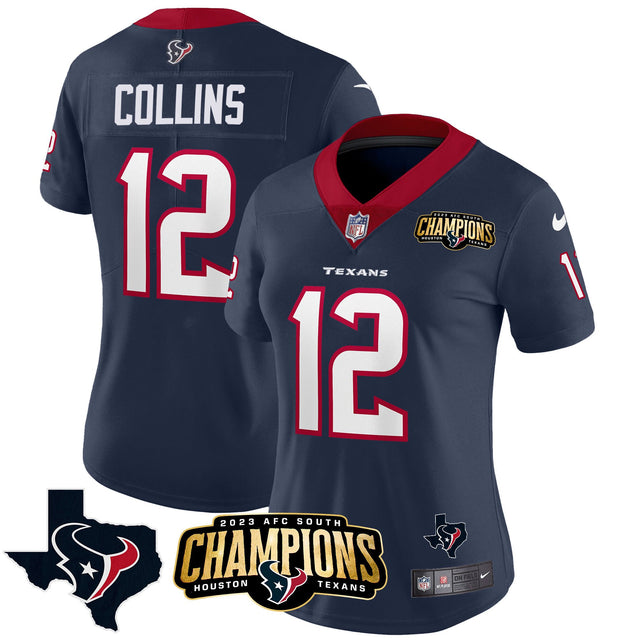 Women's Houston Texans 2023 AFC South Champions Patch Vapor Jersey - All Stitched - Navy - Nico Collins — view 1