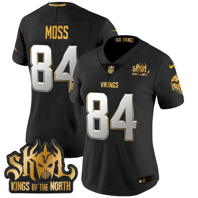 Women's Minnesota Vikings 2024 Winter Warrior Skol Patch Gold Vapor Limited Jersey - All Stitched - Black Limited - Randy Moss — view 1