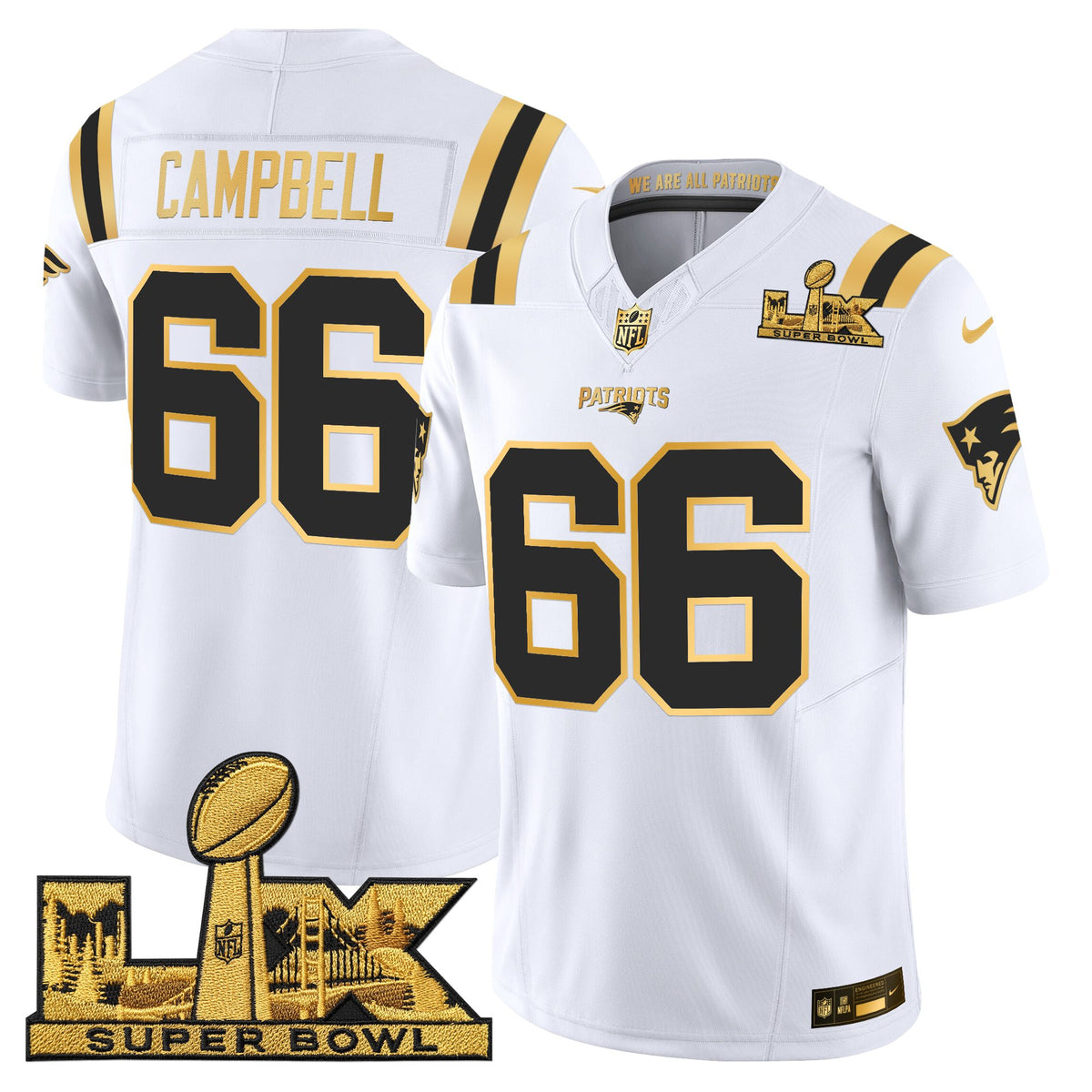 Men's New England Patriots Super Bowl LX Gold Vapor Limited Jersey - All Stitched - White Gold - Will Campbell — view 1