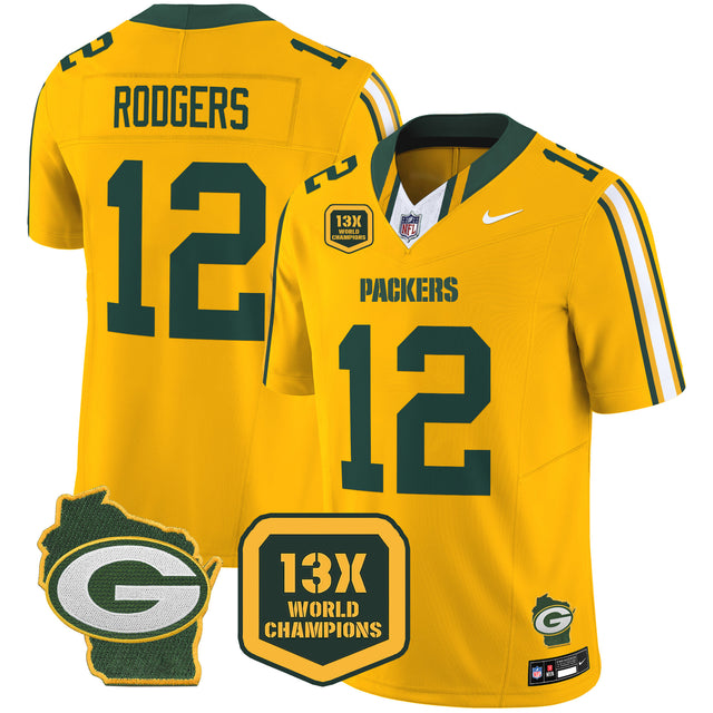 Men's Packers 13 Time World Champions & Home Patch Vapor Limited Jersey – All Stitched - Gold - Aaron Rodgers — view 1