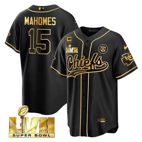 Youth's Chiefs Super Bowl LVII Cool base Jersey - All Stitched - Black Gold - Patrick Mahomes — view 1