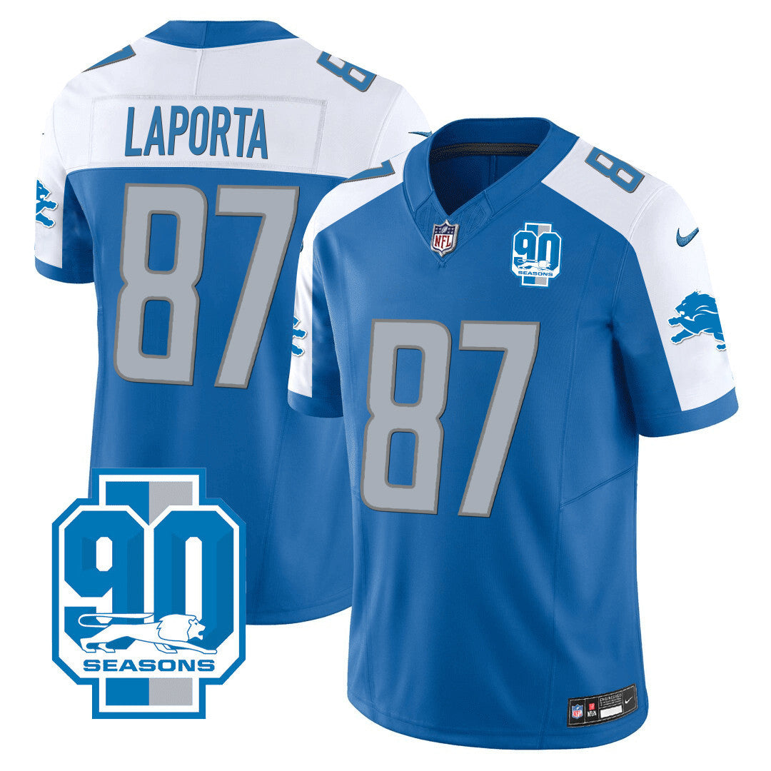 Men's Detroit Lions 90th Year Patch Jersey - All Stitched - Blue Alternate - Sam Laporta — view 1