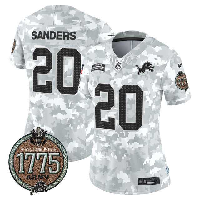 Women's Detroit Lions 2024 Salute to Service Establishment Year Patch Vapor Limited Jersey - All Stitched - Army - Barry Sanders — view 1