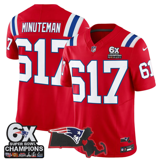 Men's New England Patriots 6-Time Champions & Massachusetts Patch Vapor Limited Jersey - All Stitched - Red - Minuteman 617 — view 1