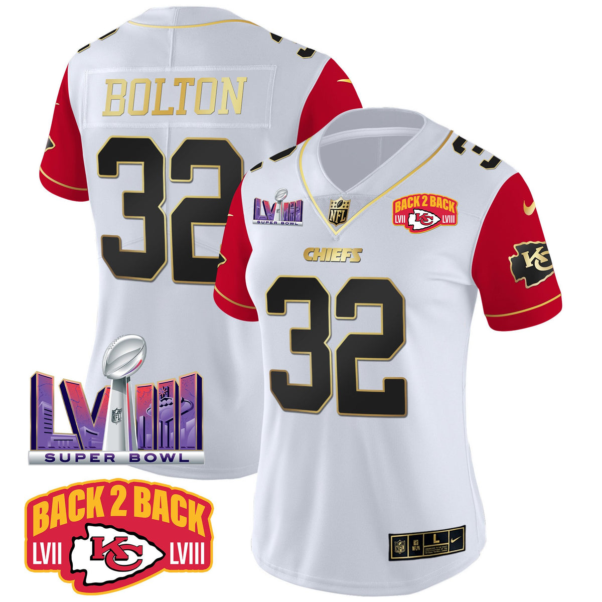 Women's Chiefs Super Bowl LVIII & Back 2 Back Patch Vapor Jersey V2 - All Stitched - Color Sleeves - Nick Bolton — view 1