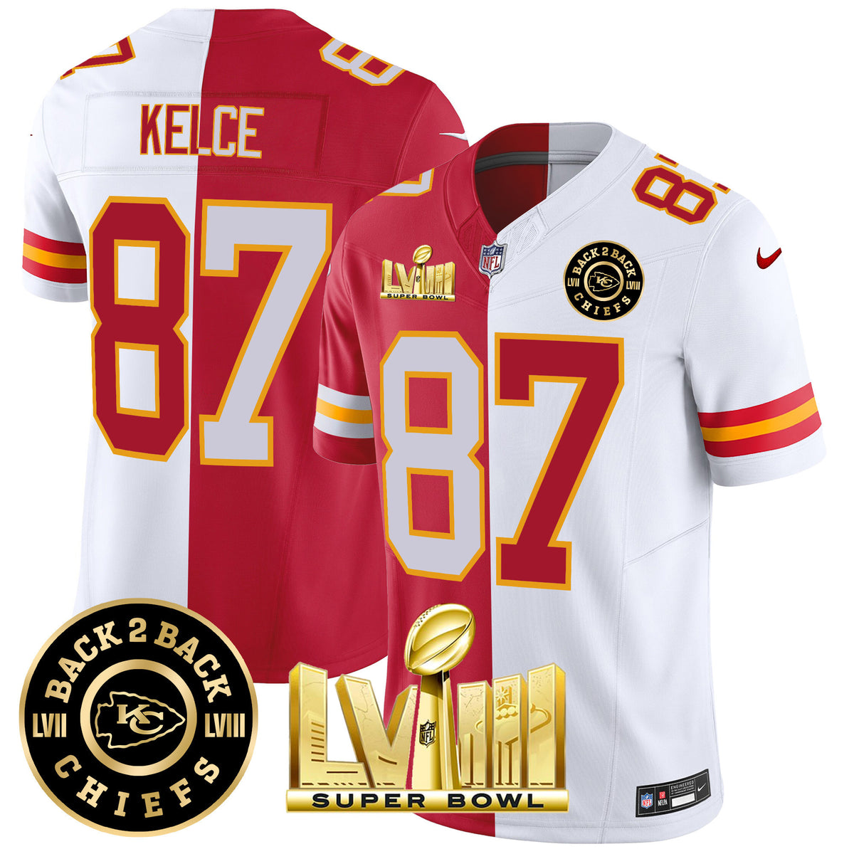 Men's Chiefs Super Bowl LVIII & Back 2 Back Patch Vapor Jersey V4 - All Stitched - Split - Travis Kelce — view 1