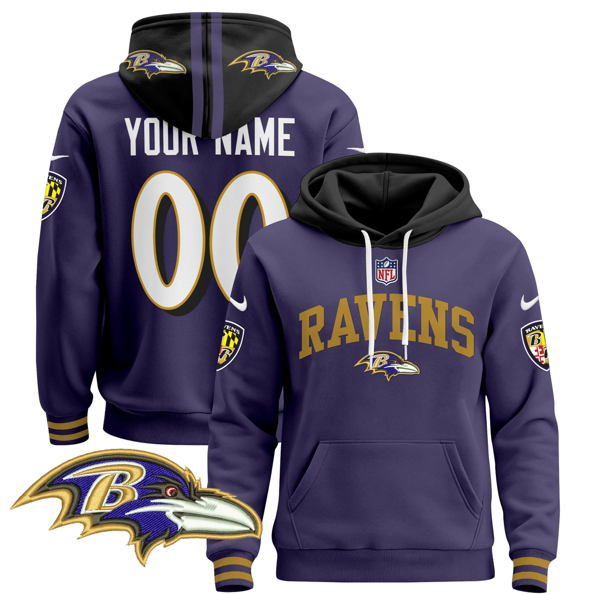Baltimore Ravens 2024 Custom Pullover Hoodie V2 - All Stitched - Purple — view 1