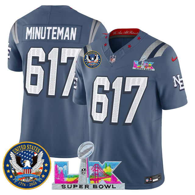 Men's New England Patriots Super Bowl LX & United States 250th Patch Vapor Limited Jersey - All Stitched - Storm Blue - Minuteman 617 — view 1