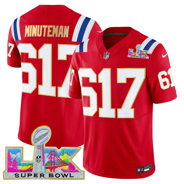 Men's New England Patriots Super Bowl LX Gold Trim Vapor Limited Jersey - All Stitched - Red - Minuteman 617 — view 1