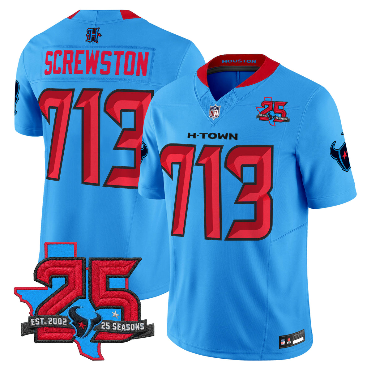 Men's Houston Texans 25th Year Anniversary Patch Vapor Limited Jersey - All Stitched - Blue - Screwston 713 — view 1