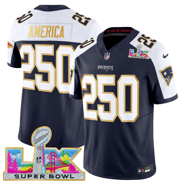 Men's New England Patriots Super Bowl LX Gold Trim Vapor Limited Jersey - All Stitched - Navy Alternate - #250 America — view 1