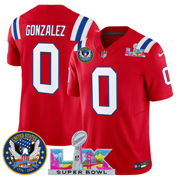 Men's New England Patriots Super Bowl LX & United States 250th Patch Vapor Limited Jersey - All Stitched - Red - Christian Gonzalez — view 1