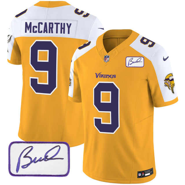 Men's Vikings Bud Grant Patch Classic Limited Jersey V6 - All Stitched - Gold Alternate - J.J. McCarthy — view 1