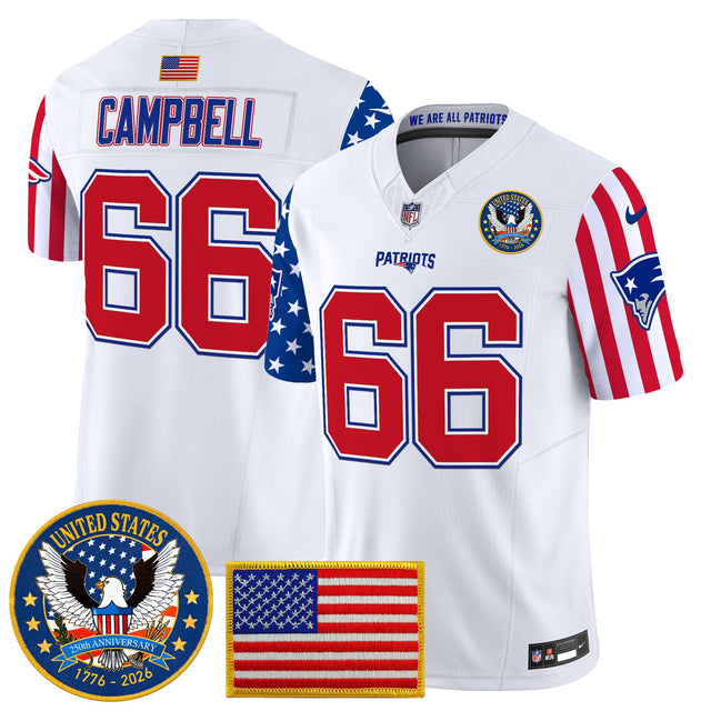 Men's New England Patriots America250 Edition Vapor Limited Jersey - All Stitched - White - Will Campbell — view 1