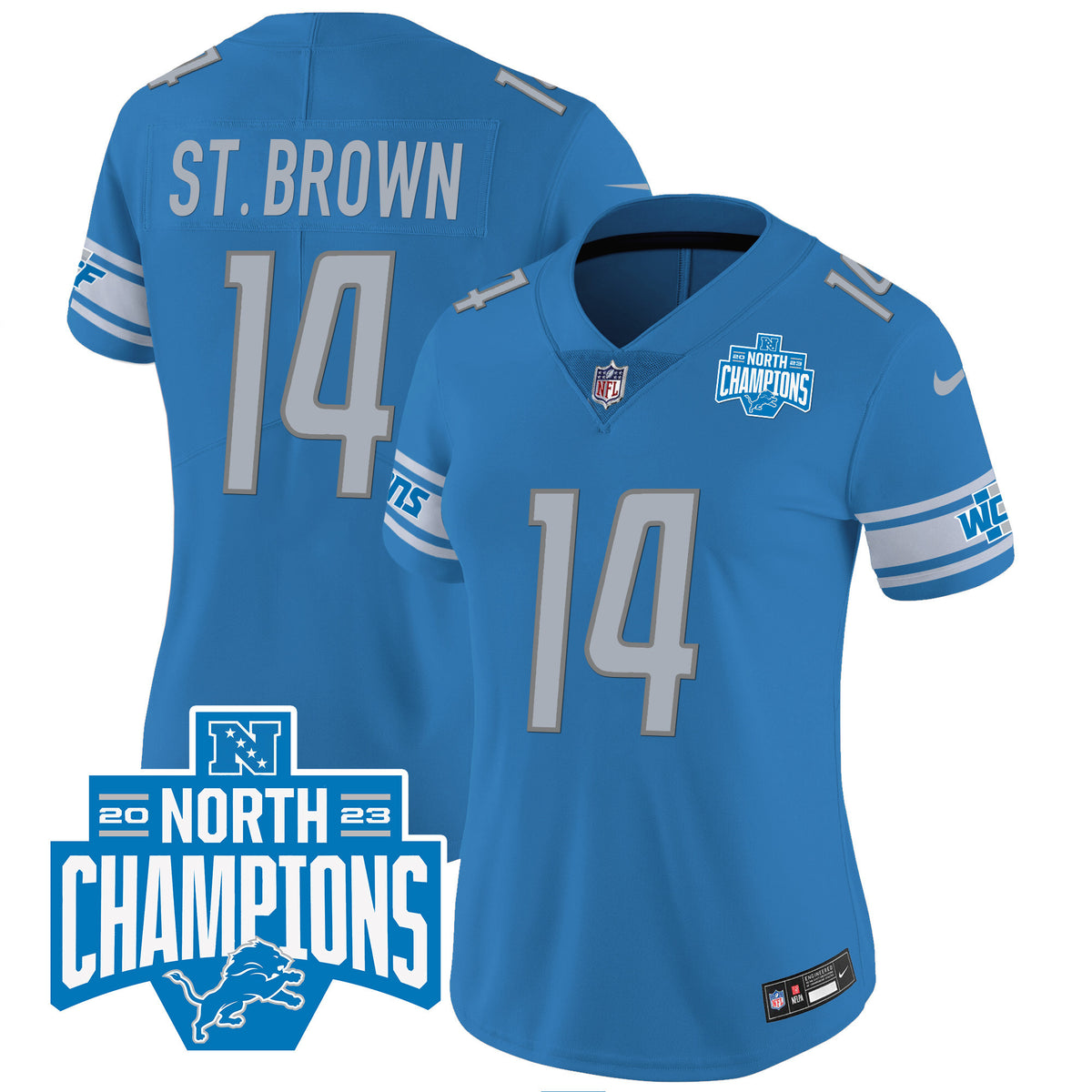 Women's Detroit Lions 2023 NFC North Division Champions Patch Vapor Jersey - All Stitched - Blue - St. Brown — view 1