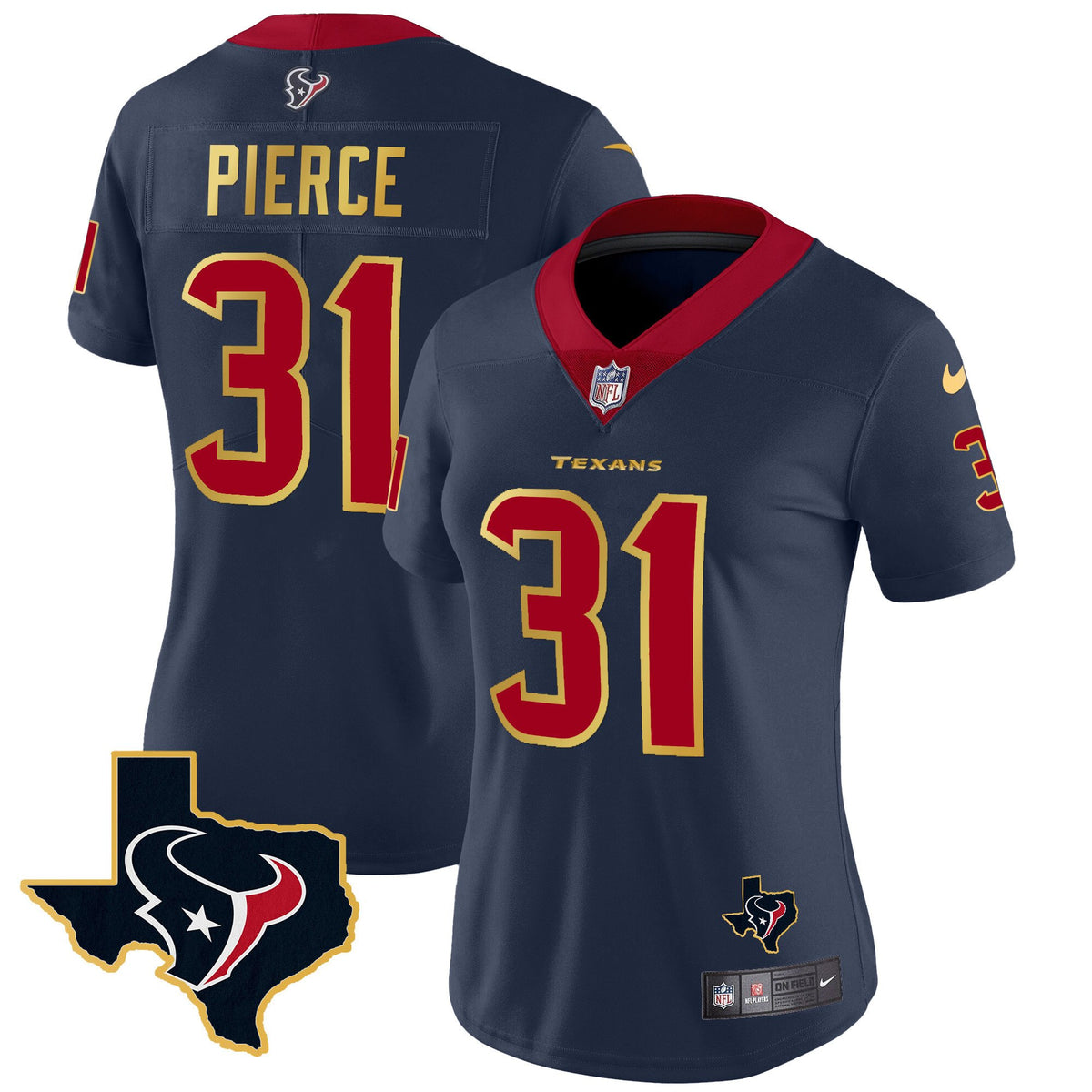 Women's Houston Texans Gold Trim Vapor Jersey - All Stitched - Navy - Dameon Pierce — view 1