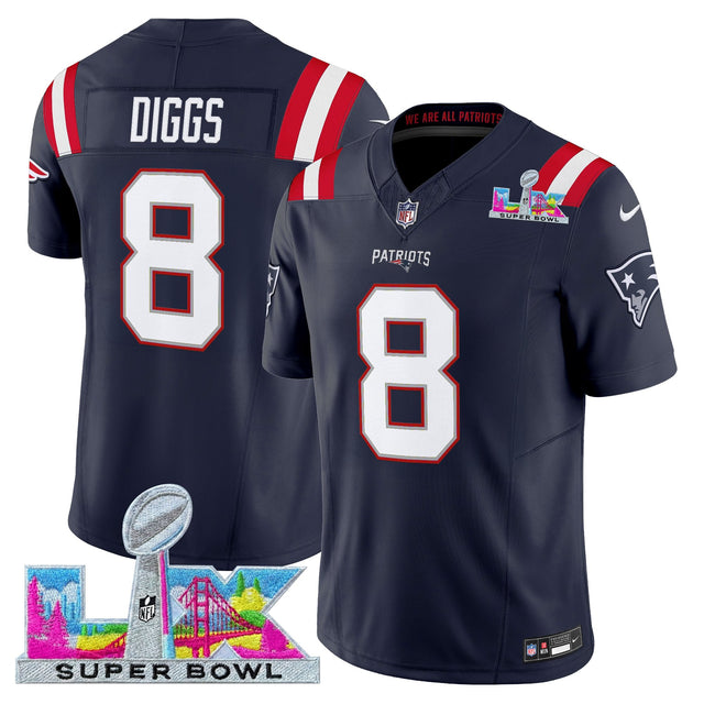 Men's New England Patriots Super Bowl LX Vapor Limited Jersey - All Stitched - Navy - Stefon Diggs — view 1