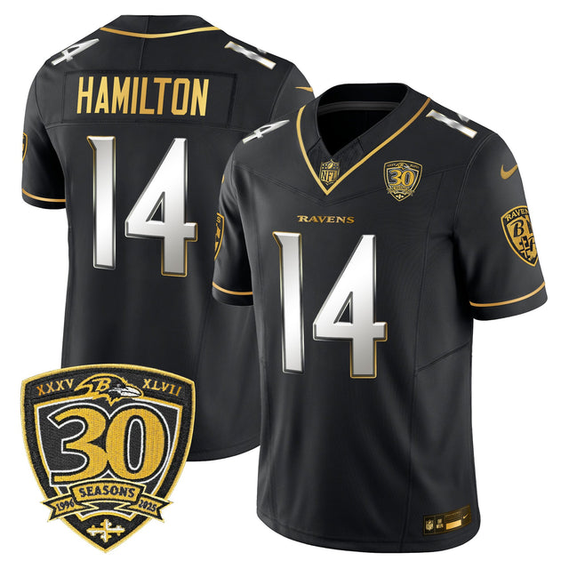 Men's Baltimore Ravens 2025 Gold Vapor Limited Jersey - 30th Anniversary Patch - All Stitched - Black Limited - Kyle Hamilton — view 1