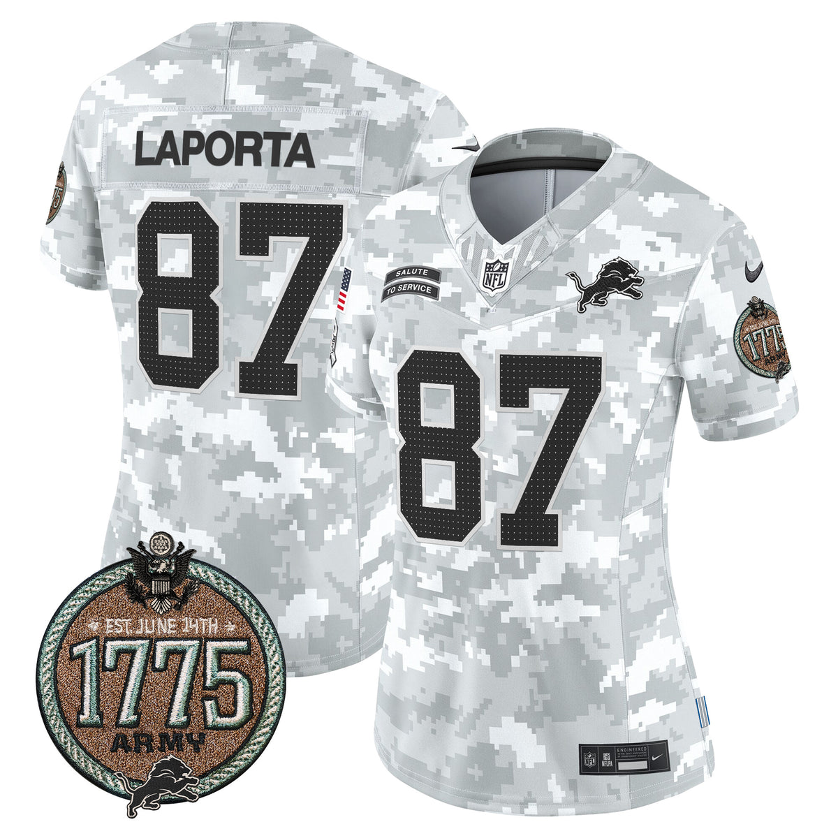 Women's Detroit Lions 2024 Salute to Service Establishment Year Patch Vapor Limited Jersey - All Stitched - Army - Sam Laporta — view 1