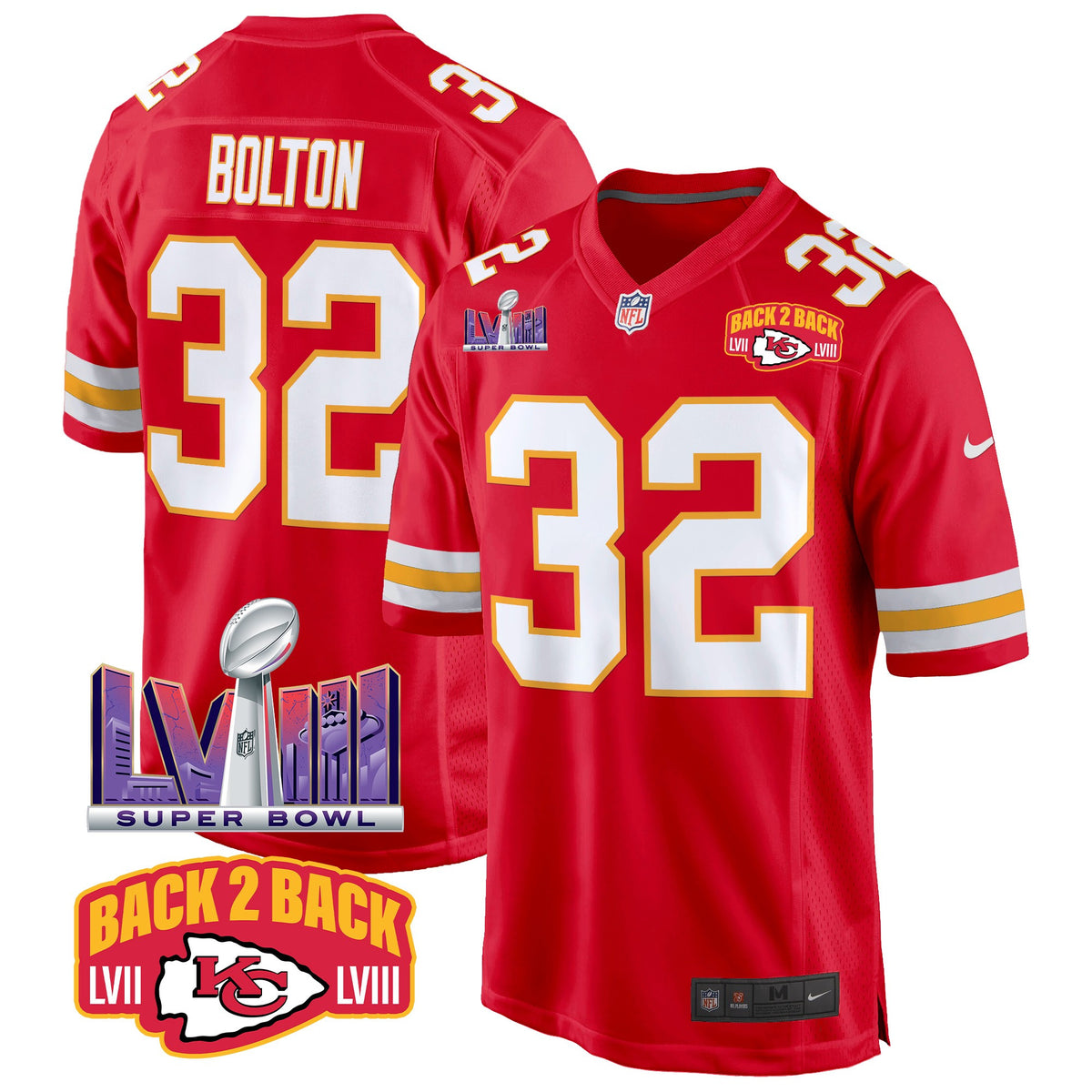 Men's Chiefs Super Bowl LVIII & Back 2 Back Patch Game Jersey - All Stitched - Red - Nick Bolton — view 1