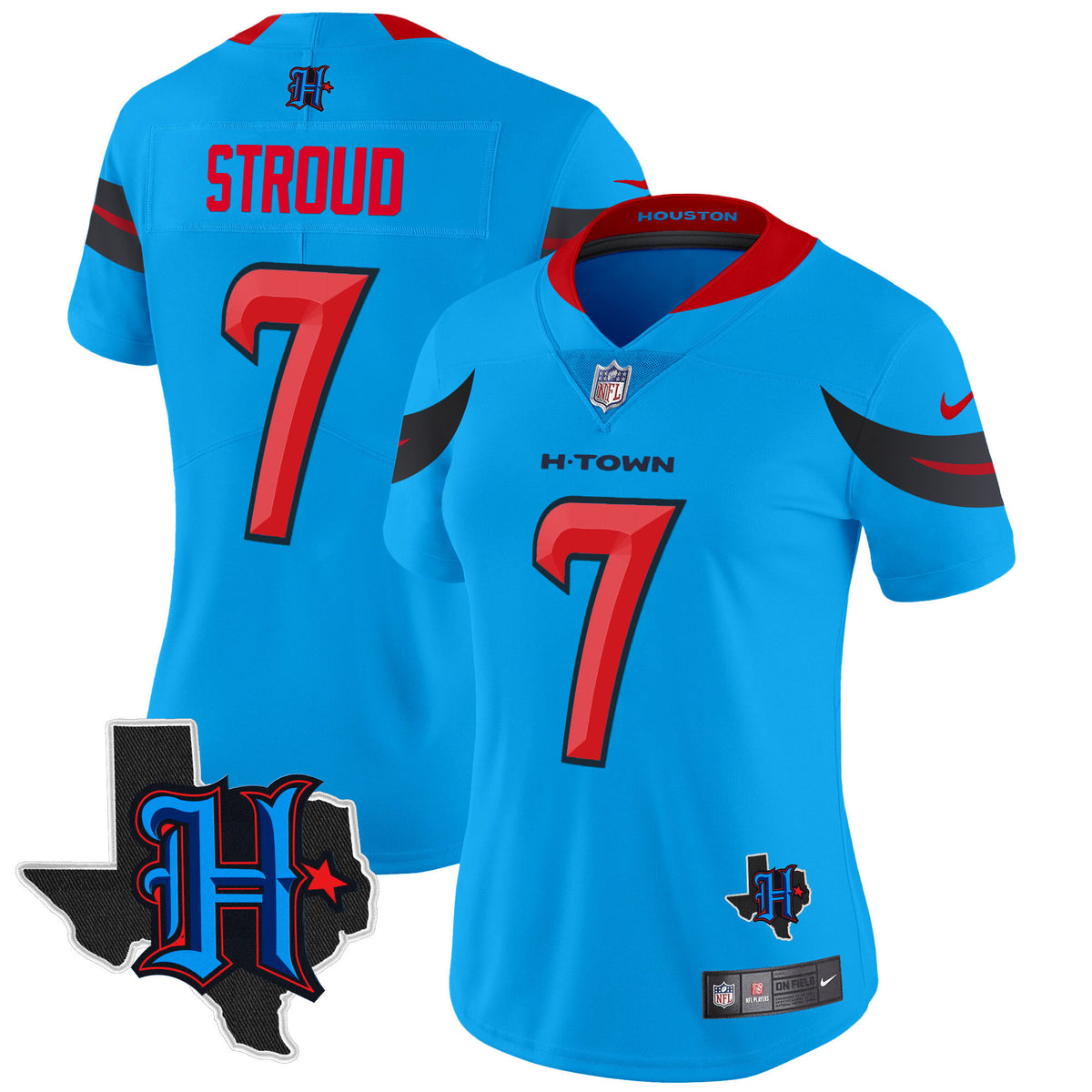 Women's Houston Texans 2024 Texas Patch Vapor Limited Jersey V3 - All Stitched - Blue - C.J. Stroud — view 1