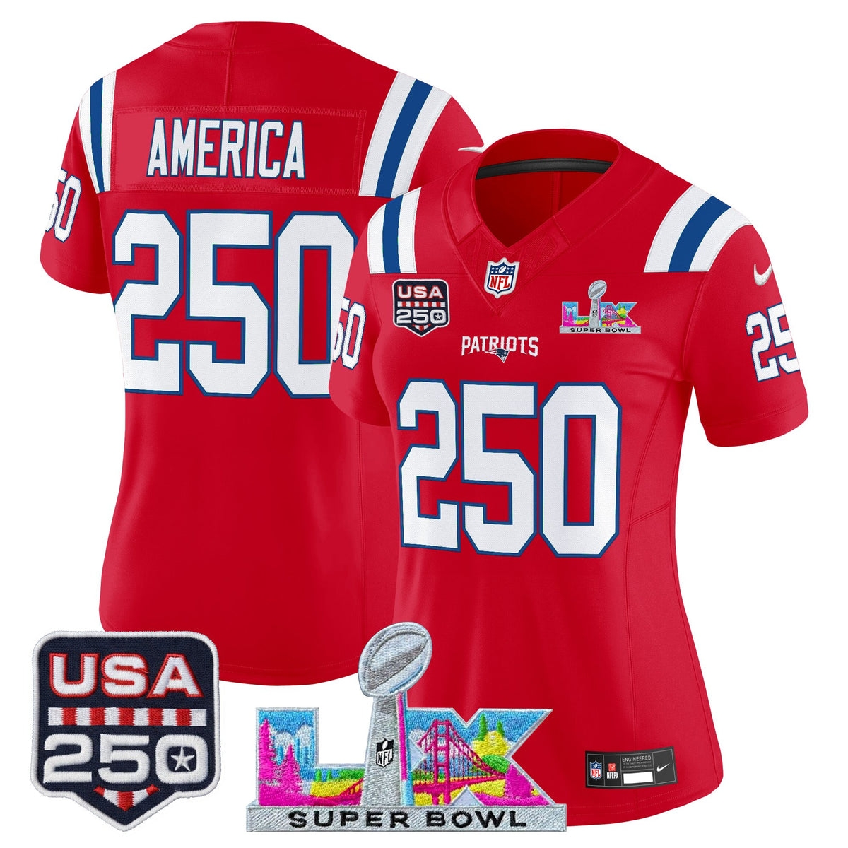 Women's New England Patriots Super Bowl LX & United States 250th Anniversary Patch Vapor Limited Jersey - All Stitched - Red - #250 America — view 1